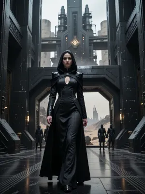 A cinematic, photorealistic portrait scene depicting a young Bene Gesserit witch of Harkonnen origin in the Dune universe, mid-twenties, walking through the monumental interior of a Harkonnen stronghold on Giedi Prime, on her way to a private audience with Baron Vladimir Harkonnen. She is strikingly beautiful in a cold, severe, aristocratic way, with very pale skin, refined angular features, dark intense eyes, and smooth black hair partly concealed beneath an austere Bene Gesserit hood and headdress. Her expression is calm, unreadable and controlled, projecting intelligence, discipline, danger, and absolute self-possession.

Her clothing combines traditional Bene Gesserit severity with subtle Harkonnen aesthetics, a long fitted black ceremonial gown of heavy matte fabric, structured high collar, layered black robes, narrow sleeves, minimal ornamentation, elegant but intimidating silhouette, no exposed armor, no obvious weapons. Small details hint at noble Harkonnen blood without making her look like a military officer.

She walks alone through a vast brutalist corridor inside the Harkonnen palace, surrounded by monumental black architecture, massive industrial walls, polished dark stone, exposed metal, severe geometric forms, enormous doorways, oppressive scale and almost no decoration. Through distant openings and high windows, the polluted industrial landscape of Giedi Prime is visible beneath its harsh pale sun, filled with enormous refinery structures, smoke, haze and black silhouettes.

Ahead of her stands the immense entrance to Baron Vladimir Harkonnen's audience chamber, guarded by distant Harkonnen soldiers. She is approaching the doors with deliberate confidence, fully aware that she is entering the presence of one of the most dangerous men in the Imperium. The atmosphere is oppressive, ceremonial and politically dangerous, suggesting hidden agendas, Bene Gesserit manipulation and Harkonnen brutality.

Full-body to three-quarter composition, camera slightly below eye level, she remains the clear focal point while the gigantic architecture emphasizes her isolation and confidence. Harsh monochromatic Giedi Prime lighting, pale diffuse sunlight, deep blacks, metallic reflections, volumetric haze, subtle film grain, realistic skin texture, realistic anatomy, extremely detailed fabric, cinematic depth of field, high-end science-fiction production design, restrained color palette, brutalist dystopian atmosphere, serious mature tone.