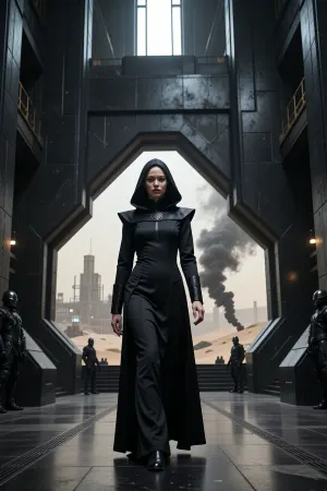 A cinematic, photorealistic portrait scene depicting a young Bene Gesserit witch of Harkonnen origin in the Dune universe, mid-twenties, walking through the monumental interior of a Harkonnen stronghold on Giedi Prime, on her way to a private audience with Baron Vladimir Harkonnen. She is strikingly beautiful in a cold, severe, aristocratic way, with very pale skin, refined angular features, dark intense eyes, and smooth black hair partly concealed beneath an austere Bene Gesserit hood and headdress. Her expression is calm, unreadable and controlled, projecting intelligence, discipline, danger, and absolute self-possession.

Her clothing combines traditional Bene Gesserit severity with subtle Harkonnen aesthetics, a long fitted black ceremonial gown of heavy matte fabric, structured high collar, layered black robes, narrow sleeves, minimal ornamentation, elegant but intimidating silhouette, no exposed armor, no obvious weapons. Small details hint at noble Harkonnen blood without making her look like a military officer.

She walks alone through a vast brutalist corridor inside the Harkonnen palace, surrounded by monumental black architecture, massive industrial walls, polished dark stone, exposed metal, severe geometric forms, enormous doorways, oppressive scale and almost no decoration. Through distant openings and high windows, the polluted industrial landscape of Giedi Prime is visible beneath its harsh pale sun, filled with enormous refinery structures, smoke, haze and black silhouettes.

Ahead of her stands the immense entrance to Baron Vladimir Harkonnen's audience chamber, guarded by distant Harkonnen soldiers. She is approaching the doors with deliberate confidence, fully aware that she is entering the presence of one of the most dangerous men in the Imperium. The atmosphere is oppressive, ceremonial and politically dangerous, suggesting hidden agendas, Bene Gesserit manipulation and Harkonnen brutality.

Full-body to three-quarter composition, camera slightly below eye level, she remains the clear focal point while the gigantic architecture emphasizes her isolation and confidence. Harsh monochromatic Giedi Prime lighting, pale diffuse sunlight, deep blacks, metallic reflections, volumetric haze, subtle film grain, realistic skin texture, realistic anatomy, extremely detailed fabric, cinematic depth of field, high-end science-fiction production design, restrained color palette, brutalist dystopian atmosphere, serious mature tone.