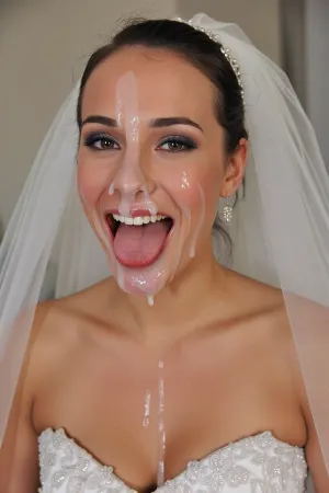 3/4 body shot of happy woman wearing wedding dress with massive amounts cum on her face, (((facial))), open mouth, (cum in mouth:1.3)