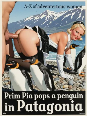 In the style of a 1930s travel poster, water colour illustration, strong line work.

Very small text across the top "A-Z of adventurous women"
Text across the bottom "Prim Pia pops a penguin in Patagonia".

In the foregrounds penguins waddling along the pebbly shore. In the background Pia, with prim expression, on her hands and knees, her black and white dress with buttocks exposed, black stockings, long white gloves, blond hair, naked man fucks her roughly, massive penis, anal sex, . Bright, crisp daylight under a clear sky. A pebbly beach in Patagonia, snow-capped mountains rising in the distance.