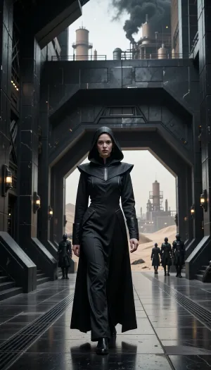 A cinematic, photorealistic portrait scene depicting a young Bene Gesserit witch of Harkonnen origin in the Dune universe, mid-twenties, walking through the monumental interior of a Harkonnen stronghold on Giedi Prime, on her way to a private audience with Baron Vladimir Harkonnen. She is strikingly beautiful in a cold, severe, aristocratic way, with very pale skin, refined angular features, dark intense eyes, and smooth black hair partly concealed beneath an austere Bene Gesserit hood and headdress. Her expression is calm, unreadable and controlled, projecting intelligence, discipline, danger, and absolute self-possession.

Her clothing combines traditional Bene Gesserit severity with subtle Harkonnen aesthetics, a long fitted black ceremonial gown of heavy matte fabric, structured high collar, layered black robes, narrow sleeves, minimal ornamentation, elegant but intimidating silhouette, no exposed armor, no obvious weapons. Small details hint at noble Harkonnen blood without making her look like a military officer.

She walks alone through a vast brutalist corridor inside the Harkonnen palace, surrounded by monumental black architecture, massive industrial walls, polished dark stone, exposed metal, severe geometric forms, enormous doorways, oppressive scale and almost no decoration. Through distant openings and high windows, the polluted industrial landscape of Giedi Prime is visible beneath its harsh pale sun, filled with enormous refinery structures, smoke, haze and black silhouettes.

Ahead of her stands the immense entrance to Baron Vladimir Harkonnen's audience chamber, guarded by distant Harkonnen soldiers. She is approaching the doors with deliberate confidence, fully aware that she is entering the presence of one of the most dangerous men in the Imperium. The atmosphere is oppressive, ceremonial and politically dangerous, suggesting hidden agendas, Bene Gesserit manipulation and Harkonnen brutality.

Full-body to three-quarter composition, camera slightly below eye level, she remains the clear focal point while the gigantic architecture emphasizes her isolation and confidence. Harsh monochromatic Giedi Prime lighting, pale diffuse sunlight, deep blacks, metallic reflections, volumetric haze, subtle film grain, realistic skin texture, realistic anatomy, extremely detailed fabric, cinematic depth of field, high-end science-fiction production design, restrained color palette, brutalist dystopian atmosphere, serious mature tone.
