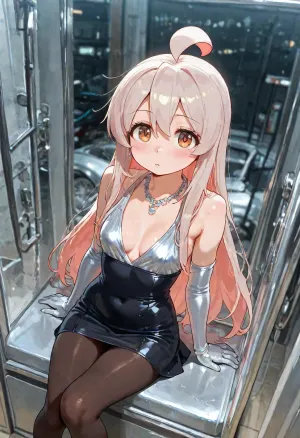 1girl, solo, character, oyama_mahiro, a girl with long pink hair, an ahoge, and brown eyes, gloves, dress, sitting, black dress, short dress, motor vehicle, wearing sleek metallic silver vest and mini skirt, professional model, exhibition booth, silver metallic vest, zip-up top, silver metallic skirt, black pantyhose, silver opera gloves, elegant necklace, standing pose, masterpiece, best quality, ultra highres, extremely detailed illustration, finely detailed, highly detailed, detailed background, main subject emphasized, dynamic angle, shine colorful, (Petite:1.6), shiny skin, oiled skin, dynamic pose, dynamic view, bending back, detailed artwork, clean composition, vibrant colors, featuring high-resolution textures and sharp details.perfecteyes, <lora:荻pote_XL:1.4>, <lora:PerfectEyesXL:1>, <lora:LCMTurboMix_Euler_A_fix:.5>, <lora:mahiro_xl_rev2:1.4>