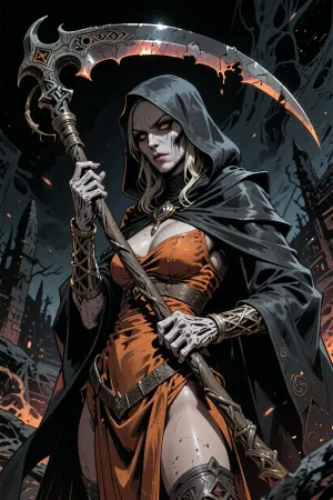 (Dark Fantasy Artwork), low angle, an illustration, with bold expressive lines, shading. colored lines. fantasy priest of death, occult, Armageddon, cruel, eerie, ancient large scythe, hot dress, cloak, hood, natural beauty. Detailed dark fantasy artwork, dark gritty apocalyptic lighting, gritty artwork, realistic anatomy, believable skin texture, detailed hands, detailed fingers, detailed eyes, high quality colored ink illustration, highly detailed, dark fantasy art, dark doomed atmosphere.