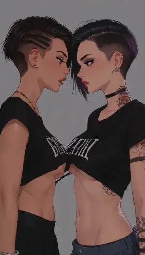 (side perspective), beautiful punk chick with a ripped t-shirt, frayed pleated miniskirt, piercings and tattoos, in a punk club, lesbian haircut, undercut hair, handcuffs, cleavage, back arched, angry, snarling, (hyper detailed), side boob, underboob, sideboob, large saggy breasts, no bra, (SamDoesArts:.9), drawing, (J_cartoon:1.3), (incase:.5), <lora:SDXLSamDoesArts:.5>, <lora:mk_Bp Anime_xl:.2>, <lora:EnvyAnimeDigitalPaintingXL01:.1>, <lora:ratatatat74-000050:.1>, <lora:J_cartoon:.1>