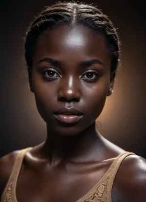 (realistic:1.2), 1girl, looking at viewer, (deep black skin tone:1.4), (ebony skin:1.3), (melanin rich:1.2), shiny skin, studio lighting, high contrast, dark aesthetic