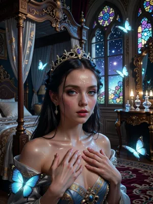 А young, elegant princess with mesmerizing eyes and intricately detailed skin texture, she is in her luxurious bedroom, where glowing bioluminescent butterflies flutter through the air, and a massive carved four-poster bed is draped in translucent fabric with gold embroidery, Gothic stained-glass windows, the starry night sky is visible outside the window, a luxurious vanity table with crystal bottles, a rich carpet, striking lighting, a cinematic composition, a surreal, magical atmosphere, sharp focus, detailed textures, a masterpiece of fantasy art