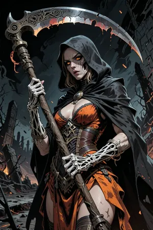 (Dark Fantasy Artwork), low angle, an illustration, with bold expressive lines, shading. colored lines. 40 yo. death, occult, Armageddon, cruel, eerie, ancient large scythe, hot dress, cloak, hood, natural beauty. Detailed dark fantasy artwork, dark gritty apocalyptic lighting, gritty artwork, realistic anatomy, believable skin texture, detailed hands, detailed fingers, detailed eyes, high quality colored ink illustration, highly detailed, dark fantasy art, dark doomed atmosphere.