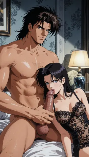 Pure japan animation drawing. A authentic 1990s Japanese anime cel screenshot from a hardboiled crime OVA. Pure traditional 2D hand-drawn artwork in the iconic style of City Hunter, featuring character designs with elongated, sculpted faces, sharp features, and expressive eyes with hand-painted catchlights. Classic physical ink lines on hand-painted acetate celluloid, the scene centers on the theme "What's going on in a hotel room?" .

The true 1990s anime aesthetic is defined by heavy, high-contrast shadow blocks, creating a dark, nocturnal atmosphere. Authentic vintage cel shading with hard-edged paint lines, Hand-painted retro anime background, vintage painted gouache scenery on paper, soft watercolor textures, flat hand-drawn matte background, vintage matte painting style. Rich, saturated late-night color palette. Pure 1990s cel animation production frame. Pure vintage animation style, backgrounds, lamp and bed are drawing with ink and painting entirely in gouache. All the background elements of a modeste hôtel room with fafed wallpaper, are carefully hand-painted in the pure style of traditional Japanese animation.

A strong, muscular naked man— drawing like Ryo Saeba from detective animation City Hunter, Voluminous, dark brown, messy, layered 1990s anime mid-length hair with a parted fringe and charming smile —is with a dark hair young woman who is ready to suck his enormous cock, his enormous, excessive, cock is perfectly positioned. he is sitting on the bed. His strong hand is well positioned. She is wearing luxurious lace lingerie, her large, nippon animation-style eyes express intense pleasure. Body are drawing in 2D, zero 3D, zero CGI.


A nocturnal, mysterious atmosphere in a hotel room. High-contrast indoor atmosphere, playing with chiaroscuro, sensuality, and the codes of retro detective anime.