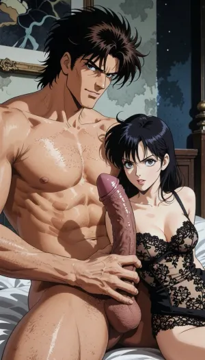Pure japan animation drawing. A authentic 1990s Japanese anime cel. Pure traditional 2D hand-drawn artwork in the style of City Hunter, featuring character designs with elongated, sculpted faces, sharp features, and expressive eyes. Classic physical ink lines on hand-painted acetate celluloid, the scene centers on the theme "What's going on in a hotel room?" .

The true 1990s anime aesthetic is defined by heavy, high-contrast shadow blocks, creating a dark, nocturnal atmosphere. Authentic vintage cel shading with hard-edged paint lines, Hand-painted retro anime background, vintage painted gouache scenery on paper, soft watercolor textures, flat hand-drawn matte background, vintage matte painting style. Saturated late-night color palette. Pure 1990s cel animation production frame. Pure vintage animation style, backgrounds is drawn with ink and painted with gouache. In a Rome stripped of all ornamentation in the style of traditional animation, a strong, muscular naked man— drawing like Ryo Saeba from detective animation *City Hunter*, Voluminous, dark brown, messy, layered 1990s anime hair with a parted fringe and charming smile—is with a dark hair young woman who is ready to suck his enormous cock, his enormous, excessive, cock is perfectly positioned. he is sitting on the bed. His strong hand is well positioned. She is wearing luxurious lace lingerie, her large, nippon animation-style eyes express intense pleasure. Body are drawing in 2D, zero 3D, zero CGI.

A nocturnal, mysterious atmosphere. High-contrast indoor atmosphere, playing with chiaroscuro, sensuality, and the codes of vintage detective anime.