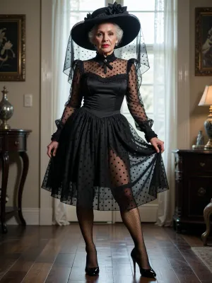 (((Standing woman))), (((As old as she is, she is so attractive, The overall impression is of an infinitely determined strong woman who is incredibly exciting but also romantic and her clothes are ruthlessly desire-inducing:1.9))), (((ultra-vintage style:1.9))), insanely detailed, (((night:1.9))), (((nice kind beautiful extremely elder extremely aged ancient 100yo grandma:1.9))), dark-brown tanned skin, (((Precisely detailed realistic heavy wrinkled skin:1.9))), (((micro-detailed skin:1.9))), (chubby), strong glossy lipstick, (strong fancy black makeup:1.5), (((knee-length ultra-minimalist round-neckline mouring victorian whole-sheer whole-mesh transcluent party-dress with matching long sleeves))), (fully sheer knee-length polka-dotted dress), (elegant luxury wide-brim dress-matching floral hat with matching veil is covering her face), (((rimlight shines through the full-sheer full-mesh transcluent dress:1.9))), (((chiaroscuro:1.9))), matching tight-high fishnet stockings, matching high heels, eye-contact, 8K, greatly improved quality, insanely high resolution, (((pale matte color palette)))