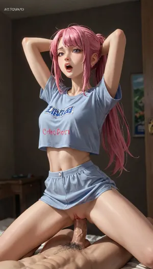 1girl, Asami Kei, GirlFriend BETA series, asamikei, pink hair, ponytail, very long sidelocks, purple eyes, pastel blue printed top shirt, covered pointy tits, midriff, shaved pussy, thigh gap, thighs spread, skinny, stretching body, arched back, sleepy, yawning, mouth wide opened, kneeling, riding man cowgirl, sitting on crotch, oversized penis deep in vagina, vaginal penetration, big cock, vagina stretched, squirt leaking on penis, massive muscular man, in black room, <lora:Asami-Kei-XL-10:.8>, <lora:detailed_notrigger:.8>