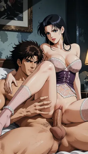 Pure japan animation drawing. A authentic 1990s Japanese anime cel. Pure traditional 2D hand-drawn artwork in the style of City Hunter, featuring character designs with elongated, sculpted faces, sharp features, and expressive eyes. Classic physical ink lines on hand-painted acetate celluloid, the scene centers on the theme "What's going on in a hotel room?" .

The true 1990s anime aesthetic is defined by heavy, high-contrast shadow blocks, creating a dark, nocturnal atmosphere. Authentic vintage cel shading with hard-edged paint lines, Hand-painted retro anime background, vintage painted gouache scenery on paper, soft watercolor textures, flat hand-drawn matte background, vintage matte painting style. Saturated late-night color palette. Pure 1990s cel animation production frame. Pure vintage animation style, backgrounds is drawn with ink and painted with gouache.

In a Room stripped of all ornamentation in the style of traditional animation, a strong, muscular naked man— drawing like Ryo Saeba from detective animation *City Hunter*, Voluminous, dark brown, messy, layered 1990s anime hair with a parted fringe and charming smile. He's lying under a woman. The dark hair woman is straddling him and is fucked, his enormous, excessive, cock is perfectly positioned. His strong hand is well positioned. The pénétration is explicit, with view on the cock in vagina. She is wearing luxurious lace lingerie, her large, nippon animation-style eyes express intense pleasure. Body are drawing in 2D, zero 3D, zero CGI.

A nocturnal, mysterious atmosphere. High-contrast indoor atmosphere, playing with chiaroscuro, sensuality, and the codes of vintage detective anime.