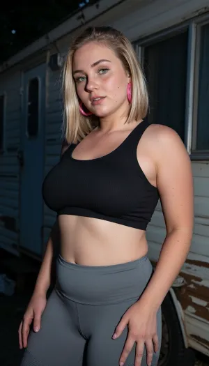 A dirty looking trailer park young plump busty woman with bob cut straight dirty blonde hair, a youthful round face with freckles, no makeup, she is posing provocatively outside her rundown old trailer home, obviously trying to make money as a sex worker. She's only wearing tight grey yoga pants, very large pink plastic hoop earrings, and a tight black sports top. Harsh flash photography lighting, narrow field of view, natural evening light mixed with harsh flash photography, gritty realism, believable detailed cloth texture, realistic anatomy, realistic skin texture, detailed hands, detailed fingers, detailed eyes, photorealistic amateur photography, highly detailed, dark realistic documentary, poor trailer park atmosphere.