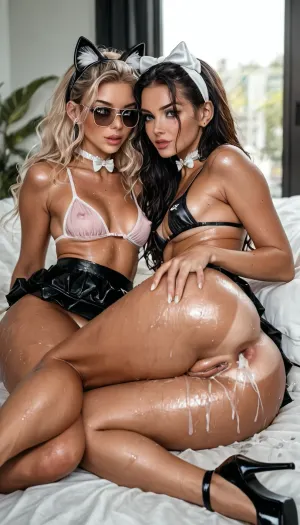 UHD 8K, extreme realism, maximum detail, (victoria secret super model:1.7), ((super sexy)), (2 women, 18 years old and 25 years old:1.5), European, (swede girl:1.5), aristocratic facial features, (face detail 10 out of 10), ((cute face:1.3)), ((Ray Ban sunglasses)), full view, Face shape Oval with a clear chin line smooth cheekbones, Hair Light ash, Hair almost straight and black, The parting is slightly shifted to the left, The skin texture is even and smooth, indicating careful care. The face is matte, a light natural blush is noticeable on the cheeks and bridge of the nose, which gives the appearance freshness, No visible defects, pores or peeling, Eyebrows Clearly defined, medium width, slightly darker than the hair, which gives the face contrast and expressiveness, Eyes Blue, light, with an even iris and a bright look, The eyelids have light makeup, light beige shadows on the movable eyelid, soft shading of gray-brown shadows in the crease, an emphasized and open look. The eyelashes are long, black, emphasizing the almond shape of the eyes. The look is slightly squinted, expressing slight surprise or thoughtfulness, Nose Neat, straight, with a smooth bridge and a slightly pointed tip, The wings of the nose are small, symmetrical, Lips Full, with a well-developed contour and natural texture, The color of the lips is muted pink, possibly with a light tone of moisturizing balm or transparent gloss, The upper lip is slightly thinner than the lower, (tanned), skin, (tan lines:1.5), jewelry, (brilliant neck choker), excited, tattoos, wet, (wide hips:1.7), (pumped up buttocks:1.4), (fitness butt:1), (fat thighs:1.4), ankle bracelets, classic heeled shoes, tights and stockings, modern black tattoos, wet clothes, tiny waist, seductive facial expression, perfect breasts, (perfect long legs:1), more definition in the legs, stockings with garters, (the legs are drawn correctly:1), (perfect boobs and erect nipple under wet transparent bra:1.5), (cum in ass:1.5), (look each other in the face), (small firm breasts:1.1), (1 man and 1 women:1.5), full body, (cat-ear headband), (colored mini skirt hiked up:1.4), (proportional body:1.6), (perfect boobs and erect nipple under wet bra:1.5), (1 black man), (small firm breasts:1.5), 1 men, (hair white bows:1.3), (perfect boobs and erect nipple under wet black tone bra:1.5), 1 man, lying on the bed, (lies on its side:1.5), (wet:1.5), (5 fingers on hand), (cum covered fucking:1.6), (sunlight shining in:1.2), (proper physics), (proper anatomy), legs tucked up to stomach, (realistic pink anus:1.6), innie pussy, (pink ass gape:1.6), (precum anus:1.5), (side view:1.3), (bright sunny view from the window:1.3), <lora:SDXLHighDetail_v6-000005:2>, <lora:BUT_SDXL_SHS:2>, <lora:style_lora_realis:2>, <lora:detailer-xl:2>, <lora:attractive_notrigger:2>
