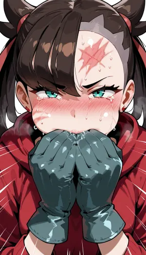 (masterpiece, best quality, manga style), marnie from pokemon, full body visible, ((close-up on face being forced to swallow by gloved hands:1.5)), wearing a red hoodie, (brown hair in twin tails), (tears in her teal eyes), (sweat and drool on face), (red angry marks on forehead), (grey gloves pressing cheeks), (blushing heavily), (shiny skin texture), (dynamic speed lines), explicit, nsfw.