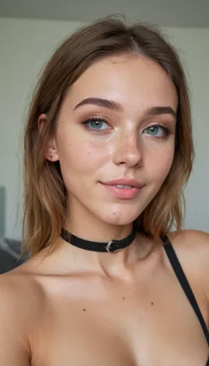 focus on upper body, upper body close-up, looking at camera, freckles, dimples, young beautiful Ukrainian model 25 years old, skinny, (bright egirl makeup), (youth e-girl style tight T-shirt), choker, (highly detailed face:1.3), hair tucked behind ear, eager smile, pov_deepthrt, deepthroating, a, man's, penis, blsdp, <lora:concept_pov_dt_xl2-000020:.8>