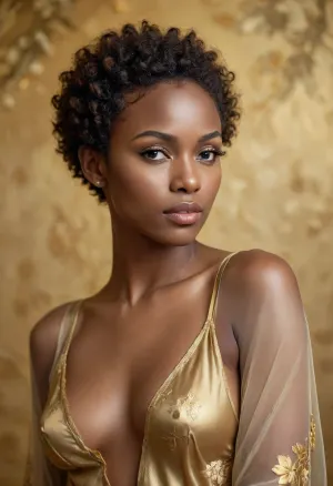 Hyper-realistic studio photograph, 8k, A portrait of a stunningly beautiful African woman in sensual and graceful pose, (short hair), striking features, radiant skin, draped in robe of sheer translucent silk, (delicate gold lingerie), (a setting inspired by Gustav Klimt, golden ornamental background, delicate floral motifs, highly detailed), (close-up), dramatic studio lighting, sharp focus on the face, Canon EOS R5, 85mm f/1.4. Masterpiece, photorealistic