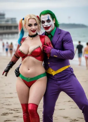 (8K resolution), ((people touched detailed)), (((adult sapphic movied therapy-performing, body the position, babe enormous plumped pouring breast, friend fucked of Joker Harley Quinn skin costume, massive fucked pussy and glamorous butt, hourglass body, touch jobbing, Joker gangbang bimbo perform reinvent escort makeup))), ((wetting by sea with orgy characters between hand fucking man in mouth job, wear heel and net bikini. The day, lighting HDR+, full body visibly)), (tattoos cover wrought body, detailed), ((public beach on porned seaside))