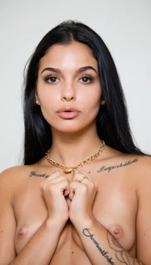 Photorealistic portrait of a young Indian woman with long straight black hair, soft neutral expression looking directly at the camera, brown eyes with subtle eyeliner, defined eyebrows, small nose piercing, (stud), full lips with matte mauve lipstick. She is holding a thick strand of her long black hair across her lower face with both hands, fingers gently gripping the hair. Visible tattoos, detailed black rose tattoo on her right upper arm/shoulder, small script tattoo on her left forearm. Wearing multiple thin gold and silver rings on her fingers, delicate gold chain necklace. Soft natural lighting, plain light background, high detail skin texture, realistic pores and hair strands, 85mm portrait lens, sharp focus on face.