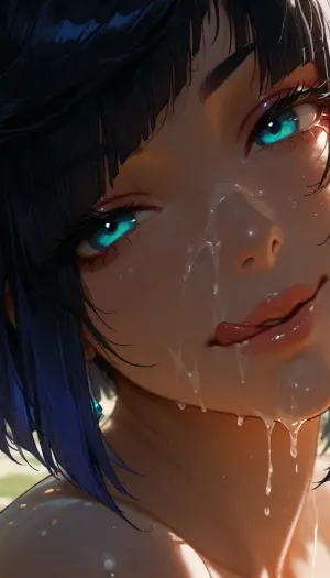 Yelan from Genshin Impact. starry eyes, glowing eyes, Smiling. Licking lips. Naughty face . shot of face, portrait shot. Side view. She's looking at viewer. cum on face. Cum dripping. Facial cumshot., (makeup:1.3), ., (dappled light, dappled sunlight), ., solo, eye, focus, face, close-up, sparkle, looking, at, viewer, glowing, eyelashes, <lora:SDXL Detail:1.7>, <lora:MJ52:1.2>, <lora:dark:1>, <lora:BUT_SDXL_SHS:1.6>, <lora:Jeweled eyes-NAI:2>