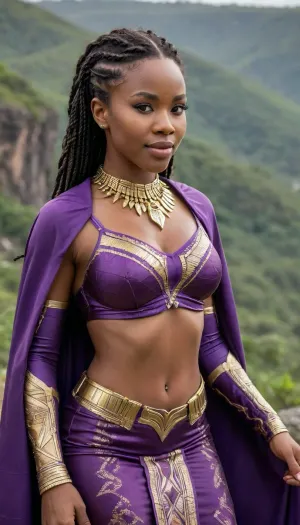 curly hair, mocha skin, smiling, wakanda, bmbplora, <lora:bimboxl_02:.7>, her outfit is a vibrant blend of African heritage with high-tech and futuristic elements, traditionally featuring a mix of bold, intricate patterns and textures, earthy color palette with highlights in royal purples, blacks, rich reds, and golds, symbolizing power and elegance, the outfit consist of a fitted bodice adorned with elaborate beadwork or metallic embroidery, giving it a regal, warrior-like appearance, In the heart of Africa, a powerful woman stands on a cliff overlooking the vibrant, jungle below, her presence commanding respect and admiration. Clad in traditional yet high-tech attire, she embodies both elegance and strength, her intricately beaded bodice catching the sunlight, glinting as if it were embedded with precious metals. Her skirt flows around her legs with every gust of wind, the fabric alive with bold geometric patterns that speak of her heritage. A richly decorated cape drapes over her shoulder, its deep purple and gold hues symbolizing her high status, while the faint hum of a hovercraft passing below hints at the marvels of Wakandan technology. Her braided hair, interwoven with delicate silver and gold threads, frames her face, highlighting eyes that are both wise and determined. In her stance and gaze lies the quiet confidence of a protector and a leader, a woman bound to her people by tradition, honor, and an unwavering dedication to the land of Wakanda