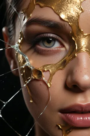 tight cinematic close-up of a high-fashion female model looking directly into the camera from behind a cracked layer of liquid gold paint on her face. The camera is positioned so closely that one eye and part of her cheek are perfectly sharp through a sharp fissure in the texture. High-contrast chiaroscuro lighting, visible skin pores mixed with metallic flakes, avant-garde editorial style, dark background, 85mm lens, masterfully textured, (8k)