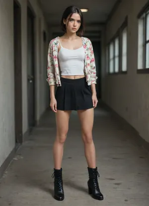 4K, UHD Young woman, 19, long dark-hair, waiting at the school gate, wearing a short black skirt, white camisole, low-cut neckline revealing a full bust, and an open floral-patterned jacket, athletic figure, long slender legs, black high-heeled ankle boots.