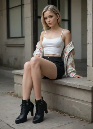 4K, UHD Young woman, 19, long dark-blonde hair, waiting at the school gate, wearing a short black skirt, white camisole, low-cut neckline revealing a full bust, and an open floral-patterned jacket, athletic figure, long slender legs, black high-heeled ankle boots.