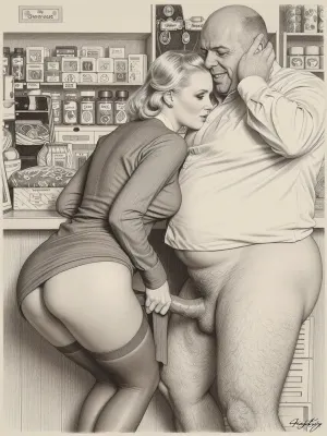 This is a detailed monochromatic pencil drawing in a classical illustrative style depicts a scene set in the 1930s in Germany, a grocery store, a beautiful sexy blonde mother with an elegant hairstyle, a frau with an hourglass figure, curvy body, dressed in a 1930s strict dress dress, brown silk stockings, (wide hips), She's leaning low over the counter with the hem of her dress up and masturbates dick of a an obese ugly old salesman 90yo standing a front of her, ((her ass and labia are visible), a an obese old salesman is wearing shirt with the sleeves rolled up, his pants are down, his hairy legs are visible, Old salesman smirks maliciously, He rough holds Frau by head with his hands . Side view, The overall mood is intense, rendered in fine, expressive line work and subtle shading, evoking the style of 1950s satirical or moralistic illustrations.)