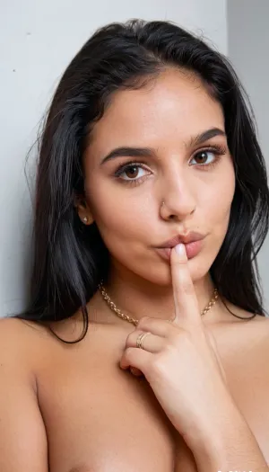 Ultra-realistic close-up of a young Indian woman with waist-length straight jet-black hair, soft calm gaze locked on the camera. Large dark brown eyes, arched brows, a tiny silver nose stud, full lips painted in matte dusty rose. Both hands gently pull a thick lock of her own hair across the lower half of her face. A large black-ink rose tattoo covers her right upper arm, fine script lettering runs along her left forearm. Several thin gold and silver rings on her fingers, a delicate gold chain at the neck. Soft diffused daylight, plain off-white wall behind her, razor-sharp facial detail, natural skin texture, every hair strand visible.