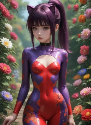 A summer day on the lawn, (((18 years old))), (((young))), (purple ponytail with bangs:1.5), (Iridescent hair:1.2), (tight outfit), athletic body, hip gap, (narrow waist:1.8), ((open red pussy:1.1)), (colorful with flowers patterns bodysuit:1.5), hand, 1girl, (deep cleavage), (small breast:1.4), makeup, (eyes shadows:1.5), (smokey eyes makeup), (looks sad:1.4), (perky tits 1.5), ample cleavage, black choker, (round bubble butt:1.5), blushing, (She leaned forward heavily:1.8), ((latex top with ample cleavage up to navel, belly, chest, neck)), bright, blue eyes, cat ears, sized and spreading her legs