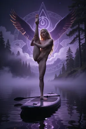 Ultra low-key cinematic fantasy masterpiece, deep underexposed shadows, richly saturated dark purple and amethyst color grading, mystical fairy-tale atmosphere, dense volumetric fog, drifting mist, schemenhaft silhouettes in the haze, photorealistic CGI render with subtle imperfections, maximum quality, high resolution, masterpiece, film grain, a 28 years old Scandinavian woman with fair skin and long blonde hair stands as the absolute focal point, performing an eagle-pose inspired balance on a stand-up paddleboard in a still Scandinavian lake at early morning, front view, full body, the board clearly visible beneath her feet yet visually secondary, she stands on one leg while the other leg is lifted and wrapped high in front of her body, her arms enclosing the raised leg in a graceful sculptural pose, slender and strong, subtly defined muscles, radiant fair skin, exquisitely detailed face, highly refined skin texture, natural pores, delicate highlights, finely arched eyebrows, softly parted lips, calm mystical expression, luminous eyes, every strand of her blonde hair catching faint warm golden rim light against the cool purple darkness, the lake surface mirror-smooth, reflecting her silhouette through the haze, surrounded by a dense Nordic forest fading into shadow, thick sea mist rising from the water and swirling around her in layered cloud-like forms, half-hidden mystical yoga symbols and arcane shapes faintly emerging within the fog, never fully defined, the entire scene rich in atmosphere, depth and mystery, strong contrast, glowing edges, illuminated wisps of mist, razor-sharp detail on the woman while the surrounding world remains dreamlike, ethereal and veiled, a powerful union of focus, strength, serenity and enchanted fantasy realism