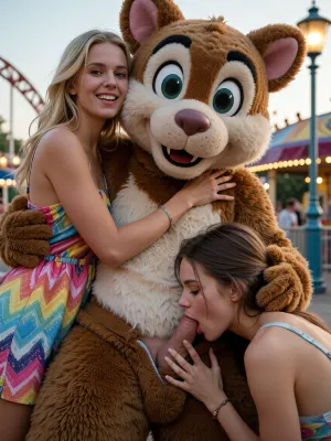 over-detailed professional photography, masterpiece, epic photorealism, DSLR camera, best resolution, uhd, perfect composition of lights.
Sharp focus on faces and hands. at an amusement park, two women sharing a playful sensual moment with a fluffy mascot . One supermodel blond woman standing with an amused smile, is hugging the mascot with her arms close to his neck, she wears a colorful summer dress.
The other pretty woman is kneeling and sucking the dick of the mascot whom costume pant is unzipped at this zone.

she has brown hairs . Sensual and joyful atmosphere.
Soft end of afternoon light.