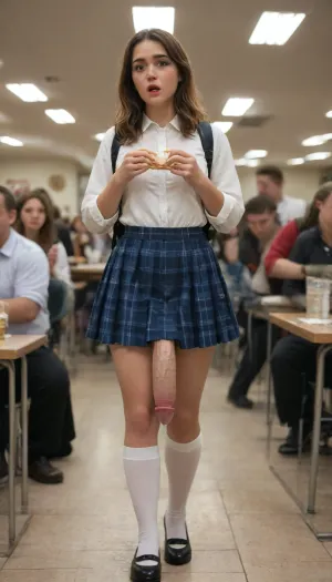 Beautiful, 26 year old, super big thick swollen enormously oversized veiny super long penis futanari in a crowded school cafeteria, standing in the busy cafeteria holding a lunch tray with food, in view of her classmates, her classmates looking at her, stockings, ryanair, super uber big low hanging veiny penis, large heavy low hanging testicles, students walking to class in the background, cum overflowing, cumshot, cum explosion, cum dripping, cum covered, upskirt, short mini skirt, perfect beautiful face, pretty model face, long eyelashes, luscious lips, freckles, blushing cheeks, petite body, long hair, braless, carrying a backpack, Wearing, clothes, that, make, sense, with, Braless>, shocked and embarrassed facial expression, nonplussed, Object, gd, erection, sex, toy, penis, large, <lora:bralessSDXL_v1_00022:2>, <lora:shocked:1.1>, <lora:Penis_XL:2>, <lora:futanari_XL:2>
