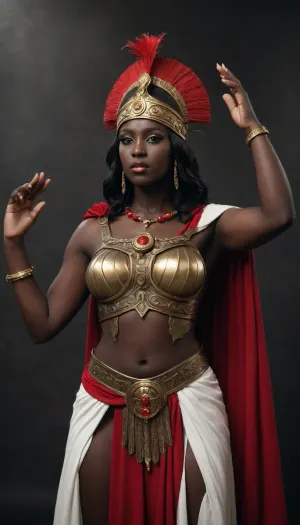 ebony Greek goddess Athena, she has a bare breast, the Phrygian cap and a red corsage, and has an arm lifted in a gesture of rebellion, (very dark skin:1.3), full standing view