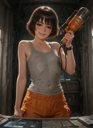 high quality, photorealistic, in messy old spaceship, electronic s-f devices, pipes, cables, mess, tools, woman, (dirty:1), sweating, scarred, (black short hair), freckles, slim, (flat chested), (orange cargo pants), (loose grey tank top), (on left wrist wearing large plastic bracelet with screen attached), (big nipples), (), (holding a welding tool in right hand), smile, happy, excited, (looking at viewer), (excessive pubic hair)