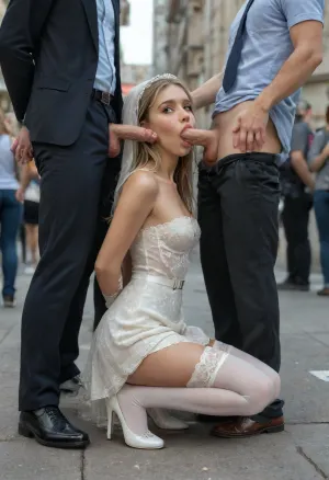 happy, Amateur candid photo full length, side view, back view, Extremely realistic detailed, 18 year old Russian beauty bride blonde girl, kneeling, squatting, (blowjob for man in business suit:1.4), (hands behind back:1.2), bride white lace veil, white lace dress, white belt, white stockings, white high stiletto heels, white lace gloves to shoulders, perfect 5 fingers, (crowd of full clothes people outdoor:1.3), (people using smartphones:1.4), very sweaty, miniature, tanned body, blonde wavy medium long hair, absolutely gorgeous, A LOT of sperm, bukkake, sucking on thick cock, cum on her white sexy dress, instagram model, smooth hairstyle, large eyelashes, sneaking a selfie at a crowded painting exhibition, perfect detail, detailed skin texture, perfect eyes, natural very thin body, medium breasts, absolutely stunning, model, Masterpiece, highest quality, best quality, 8k, high resolution, ultra-high resolution, ultra-detailed, smile, realism, DSLR, vibrant colors, realistic smooth deeply tanned skin, highly detailed, entire body, ultra realistic, realistic anatomically correct, really young woman, young face, young body, i love realky young nympho, 4ng3l, face, woman, sucking, a, cock, <lora:SDXL_BetterFaces-LoRA_v1:.8>, <lora:WTS - WhatTheSuck - v1:2>, <lora:detailed_notrigger:2>
