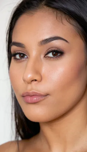 Ultra-realistic close-up portrait of a beautiful South Asian woman in her late 20s, looking directly at the camera with a soft, slightly seductive gaze. Long straight black hair with subtle silver strands framing her face and cascading over her shoulders. Warm medium-brown skin with natural texture and soft pores. Dark brown almond-shaped eyes with defined eyeliner and long lashes, thick well-groomed eyebrows. Small silver nose stud on the left nostril. Full lips with matte dark burgundy-mauve lipstick, slightly parted. Soft natural lighting from the front-left creating
