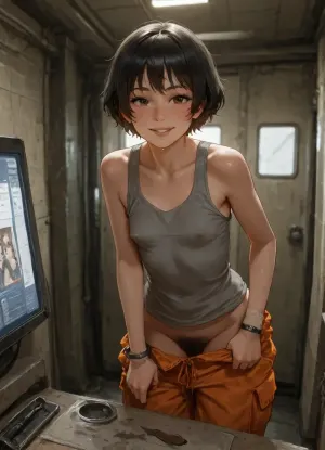 high quality, photorealistic, in messy old spaceship, electronic s-f devices, popes, mess, tools, woman, (dirty:1), sweating, scarred, (black short hair), freckles, slim, (flat chested), (orange cargo pants), (loose grey tank top), (on left wrist wearing large plastic bracelet with screen attached), (big erect nipples), (leaning, makimg her nipples visible), undressing, (pulling down pants), smile, happy, excited, (looking at viewer), (excessive pubic hair), ()