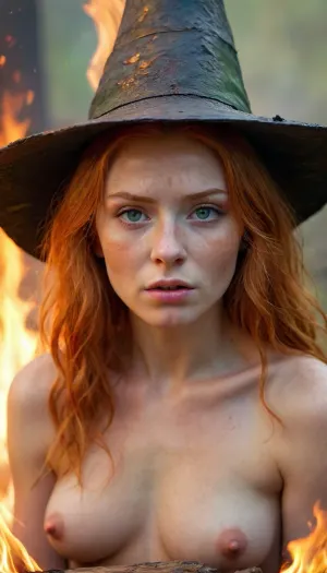 Painting of a 19 year old ginger-haired woman, naked, witch hat, in the middle of a fire, getting burned on a stake as a witch.William McTaggart Style, Oil Painted Poetry, face visible, Cinematic, dramatic, <lora:William McTaggart Style:1>, green, eyes, blue, brown, perfecteyes, <lora:PerfectEyesXL:.8>