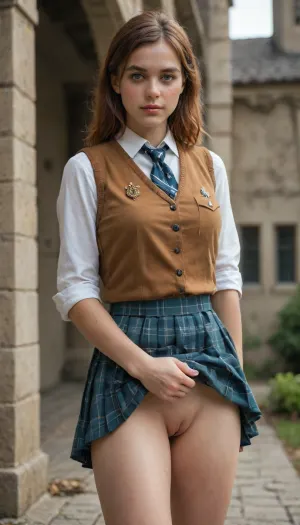 auburn-haired girl in hogwarts uniform shows us her little virgin pussy under short tartan skirt