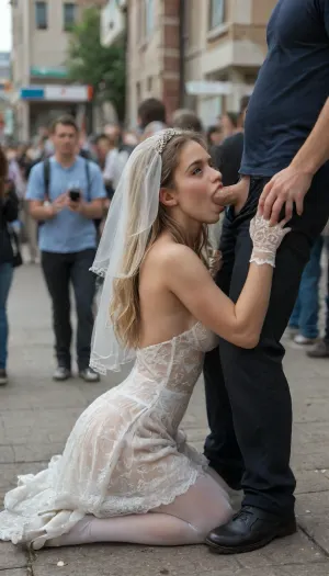 happy, Amateur candid photo full length, side view, back view, Extremely realistic detailed, 18 year old Russian beauty bride girl, kneeling, (blowjob:1.4), bride white lace veil, white stockings, white high stiletto heels, white lace gloves to shoulders, perfect 5 fingers, (crowd of full clothes people:1.2), very sweaty, miniature, tanned body, blonde wavy medium long hair, absolutely gorgeous, A LOT of sperm, bukkake, sucking on thick cock, cum on her white sexy dress, instagram model, smooth hairstyle, large eyelashes, sneaking a selfie at a crowded painting exhibition, perfect detail, detailed skin texture, perfect eyes, natural very thin body, medium breasts, absolutely stunning, model, Masterpiece, highest quality, best quality, 8k, high resolution, ultra-high resolution, ultra-detailed, smile, realism, DSLR, vibrant colors, realistic smooth deeply tanned skin, highly detailed, entire body, ultra realistic, realistic anatomically correct, really young woman, young face, young body, i love realky young nympho, 4ng3l, face, woman, sucking, a, cock, <lora:SDXL_BetterFaces-LoRA_v1:.8>, <lora:WTS - WhatTheSuck - v1:2>, <lora:detailed_notrigger:2>