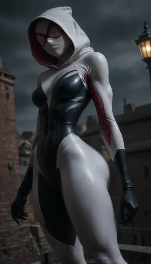 masterpiece, best quality, high resolution, hires, score_9, score_8_up, score_7_up, score_6_up, rooftop setting, dark twilight, dark clouds, (tough and relaxed:1.4), (spider girl Gwen Stacy), (tight outfit), (athletic body:1.5), (hip gap:1.3), (wide hips:1.3), (clubfoot), (narrow waist), (view from side), (hyper massive ass:1.3), wet, (makeup:1.2), (shining tight bodysuit:1.5), bodysuit gloves, 1girl, (huge muscular thighs:1.43), leg flex, hood up, (((full spidergirl face mask, spider goggles))), head tilt, (cameltoe), small natural breast, (high detailed face:1.5), dim ambient streetlights, warm glow, (chiaroscuro lighting:.3), <lora:HandFineTuning_XL:1>, <lora:MGLRbodysuit_sdxl:.6>, <lora:uberfit_lora_sdxl:.4>, <lora:dark:.8>, <lora:Spider-Gwen:.8>