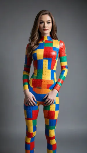 A beautiful woman wearing a skin-tight full-body suit with a Lego brick pattern