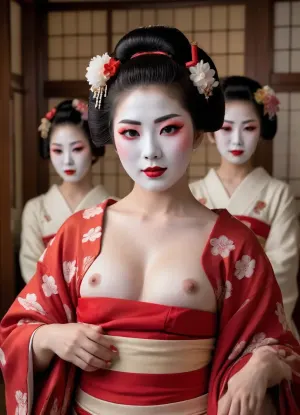 a lively scene in a ancient japanese upscale brothel, a group of young maikos Performing, (exaggerated traditional maiko makeup, White Face Powder, Red Rouge & Lipstick, Shaved & Redrawn Eyebrows), The kimono is unfastened and breasts are half covered and visible, firm breasts, white body powder