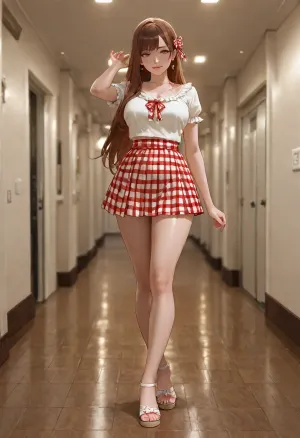 Create a highly photorealistic full-body fashion portrait of an adult woman standing in a modern luxury apartment hallway. She has very long straight chestnut-brown hair swept over one shoulder and a cheerful natural smile, looking slightly upward and to the side.

She is wearing a coordinated white outfit, a fitted short-sleeve cropped top with subtle ruffled trim and small red-and-white gingham bow details, paired with a very short white pleated skirt with matching gingham bows. Complete the outfit with elegant transparent high-heeled sandals.

Pose her standing naturally with her legs crossed slightly at the ankles, one hand relaxed beside her body and the other resting naturally near her hip. Keep the pose confident and fashion-editorial rather than provocative.

The setting is a narrow contemporary hallway with dark flooring, warm beige and taupe walls, vertical wood-panel details, large reflective glass surfaces on one side, recessed ceiling track lights, and subtle warm LED floor lighting.

Use warm indoor ambient lighting mixed with soft frontal fill light. Realistic skin texture, natural facial details, realistic hair strands, accurate hands and feet, realistic fabric folds and reflections. Full body completely visible from head to shoes.

Camera at approximately waist-to-chest height, vertical composition, 50mm full-frame photography look, shallow but natural depth of field, crisp subject focus, realistic perspective, premium fashion photography, high dynamic range, subtle cinematic color grading, ultra-detailed, photorealistic, natural proportions.