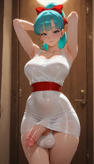 Masterpiece, best quality, highly detailed anime style, Bulma from Dragon Ball, adult woman, turquoise blue hair in high ponytail with red ribbon, bangs, blue eyes, seductive smile, looking at viewer, arms raised behind head, slightly slimmer body, smaller but still full breasts, narrow waist, wearing extremely tight shiny white short dress that clings to every curve, no panties, a massive extremely thick long hard penis clearly outlined and heavily tenting the front of the dress, the fabric stretched extremely tight over the huge erect cock and heavy balls, very prominent exaggerated detailed bulge, precum dripping, glossy wet look on the dress, standing pose, indoor wooden background, soft lighting, erotic, explicit, futa, 8k