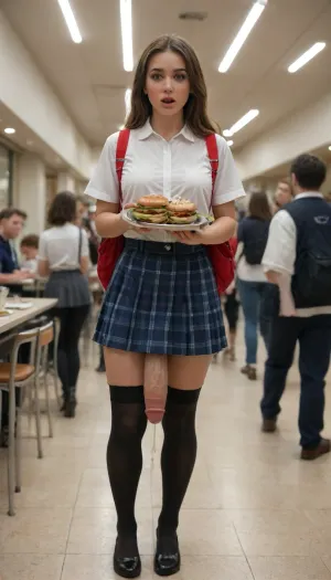 Beautiful, 26 year old, super big thick swollen enormously oversized veiny super long penis futanari in a crowded school cafeteria, standing in the busy cafeteria holding a lunch tray with food, in view of her classmates, her classmates looking at her, stockings, ryanair, super uber big low hanging veiny penis, large heavy low hanging testicles, students walking to class in the background, cum overflowing, cumshot, cum explosion, cum dripping, cum covered, upskirt, short mini skirt, perfect beautiful face, pretty model face, long eyelashes, luscious lips, freckles, blushing cheeks, petite body, long hair, braless, carrying a backpack, Wearing, clothes, that, make, sense, with, Braless>, shocked and embarrassed facial expression, nonplussed, Object, gd, erection, sex, toy, penis, large, <lora:bralessSDXL_v1_00022:2>, <lora:shocked:1.1>, <lora:Penis_XL:2>, <lora:futanari_XL:2>