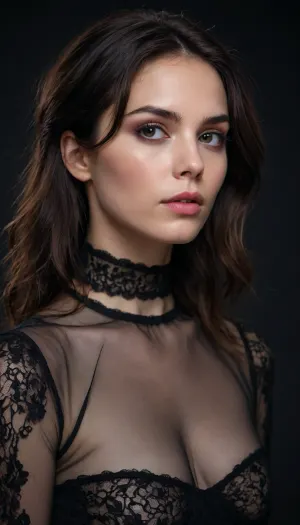 The person is a woman with medium-length, dark, slightly messy hair that falls across her face, obscuring part of her left eye. Her gaze is directed slightly away from the camera, with a serious or perhaps contemplative expression. Her eyebrows are dark and well-defined. Her lips are parted slightly, and her skin appears smooth.

She is wearing a dark, sheer lace top with a high neckline that appears to have a choker-like detail around the neck. The lace has an intricate pattern and extends to her shoulders and arms. The neckline is cut in a way that reveals a portion of her décolletage.

The lighting is dramatic, with strong contrast between light and shadow, creating a moody and intimate atmosphere. The background is dark and out of focus, emphasizing the subject. Her posture is angled, with her head turned and her body slightly to the side, creating a sense of depth and intrigue. Her left shoulder is visible, draped in the lace fabric.