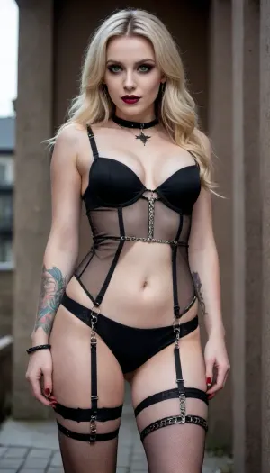 (Sexy Sweet Tempting Woman), Professional sexy seduction modelposes, supermodel, Dark back alley, perfect lighting, ultra realistic, 8k resolution, ultra detailed, instagram model, professional photography, ((Sexy Erotic, sex call girl, Gothic style, Gothic makeup)), luxurious ash blond hair, Blue eyes, Sexy lips, Exquisite earrings, Exquisite necklace pendant, Exquisite jewelry, ((Sexy EROTIC, chain, restraint, bondage)), exposed breasts, (chain, Black garter belt, Fishnet stockings), (Sexy Small tattoo), pale skin, natural big round breasts, shy smile, nordic, flirty, bashful, seductive, lusty, playful, Healthy slim body, Tall, very long legs, hourglass figure, Sweet face, perfect face, lifelike face, real face, very beautiful face, detailed face